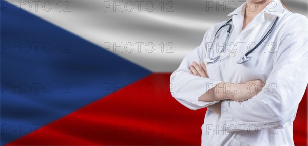 Doctor with crossed arms on Czech Republic flag. Czech Republic health and care concept. Female doctor on Czech Republic flag