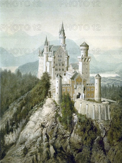 Neuschwanstein Castle, Painting by Adolf Hitler (1889-1945), Historical, digitally restored reproduction from a 20th century original, public domain, Record date not stated