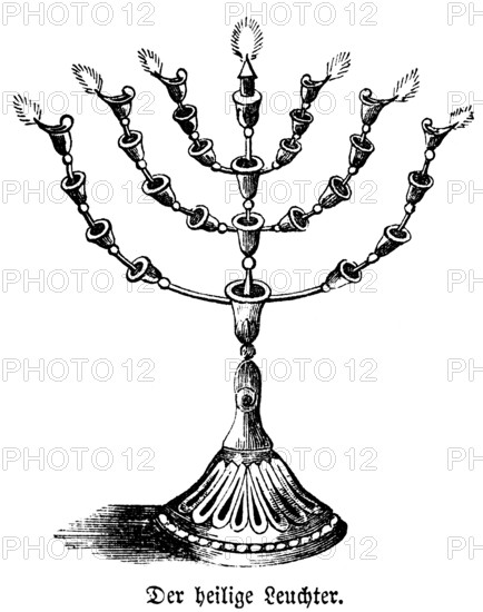 Saint candlestick made of gold with six arms and a main pole, called a seven-armed candlestick, calyxes as ornamentation, the tabernacle, Bible, historical illustration, Biblisches Handwörterbuch 1862