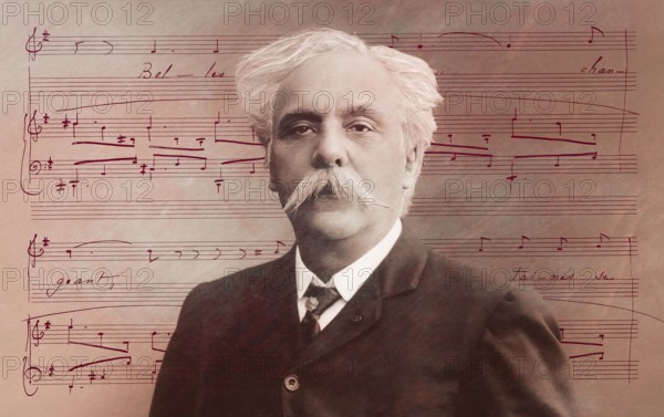 Portrait of Gabriel Fauré, 1845-1924, French composer, digitally edited according to a photograph by Pierre Petit, 1905, notesheet from Arpège, op. 76, no. 2, 1897, song with piano accompaniment, text by Albert Samain