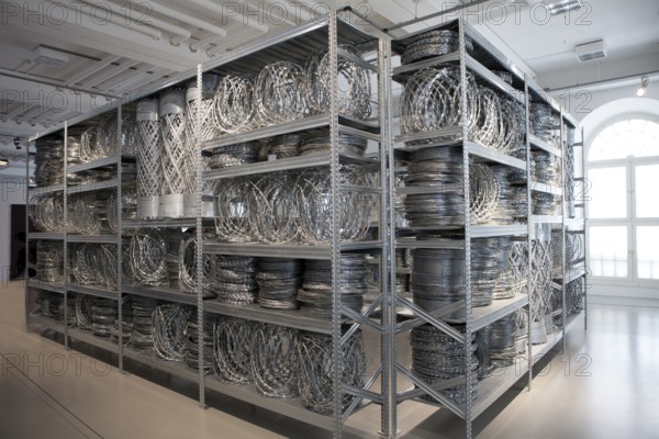 Fencing and steel shelves, Acropolis Redux, Stathis Logothetis, installation by the conceptual artist Kendell Geers, Fridericianum, documenta 14 exhibition, 2017, Kassel, Germany