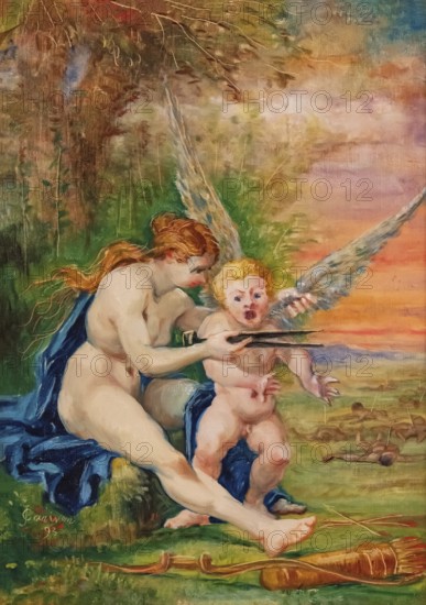 Fortuna, the goddess of luck and fate of Roman mythology and love, painting by Jean-Baptiste Cariven (1843 to 1904, French painter), reproduction of a 19th century painting, digitally restored, historical, Winged angel and woman in a colourful, natural setting at sunset