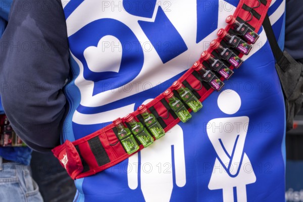 Rose Monday procession in Düsseldorf, parade costume, mobile toilet, Dixieklo, with schnapps belt, North Rhine-Westphalia, Germany