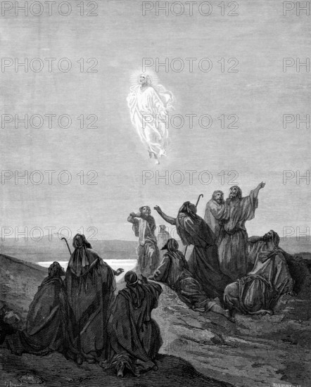 The Ascension, Jesus taking leave of his disciples, Acts chapter, 1 verse 9, Saint Spirit, cloud, ascending, lifting, mountain, taking off, towards heaven, Christian religion, Bible, New Testament, steel engraving Doré, historical illustration 1885
