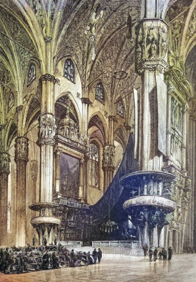 In the cathedral of Milano, Milan, Italy, coloured wood engraving, reproduction from a model from ca 1888, Historical, Impressive interior of a Gothic cathedral with visitors and artistic details