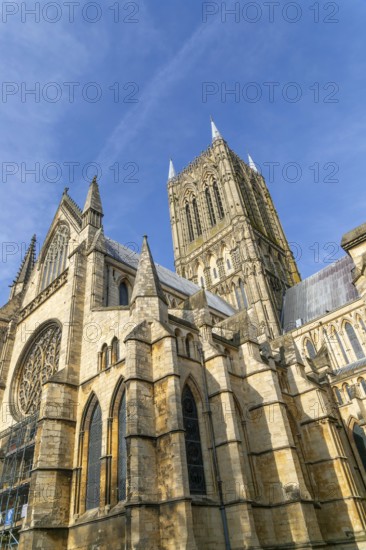 Looking up at central tower of Lincoln cathedral church, city of Lincoln, Lincolnshire, England, UK
