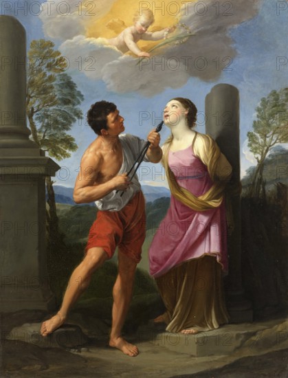 Painting, Reproduction of the painting, Work of art, Historical, Guido Reni, called il Guido or il divino Guido (b. 4 November 1575 in Bologna, d. 18. August 1642) Italian painter, fresco artist and etcher of the Bolognese school, main representative of a baroque classicism in painting, here the work:, The Martyrdom of Saint Apollonia, Drastic scene of man and woman, woman bound, dynamic pose of the man