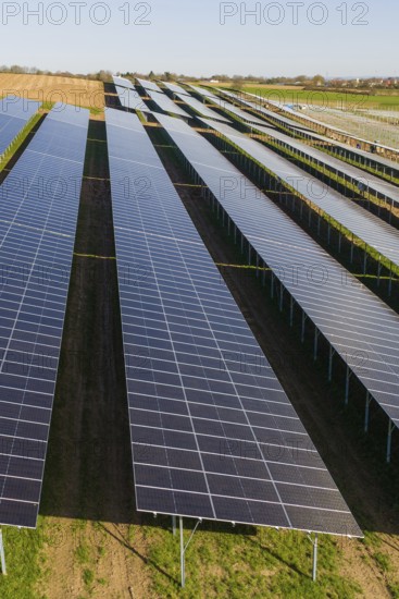 Close view of solar panels in orderly rows over green field, Agri PV Bau für Landwirtschaft, Enzkreis, Germany