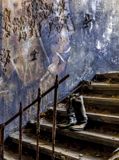 Old army boots, interior view of the former Alpine House on the historic grounds of the Tuberculosis Sanatorium in Beelitz, Brandenburg, Germany