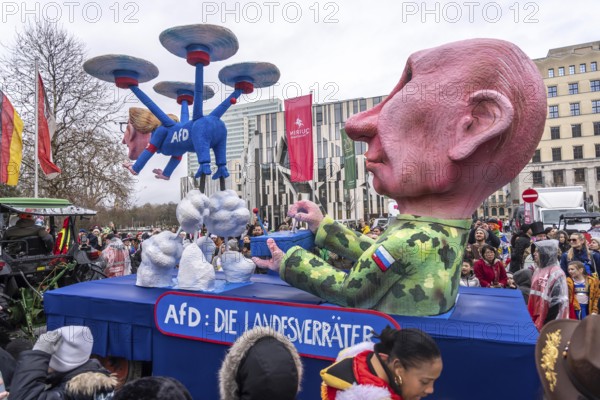 Rose Monday procession in Düsseldorf, theme car by wagon manufacturer Jacques Tilly, theme Putin steers the AFD as a drone, with the face of AFD party leader Alice Weidel, proximity to Russia, influenced by state propaganda, North Rhine-Westphalia, Germany