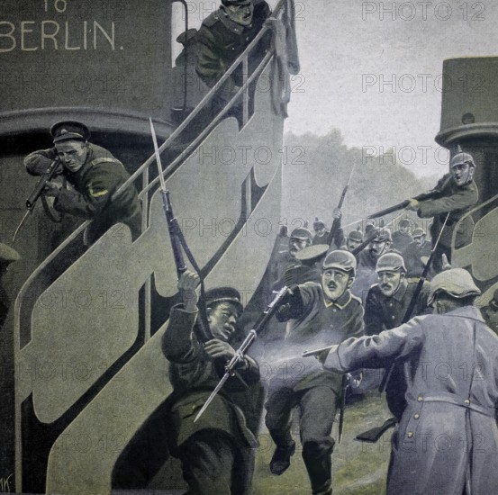 1st World War, Conquest of English omnibuses for the transport of troops to Ypres (original pictorial text from 1915, original colouring), illustration, reproduction from a 19th century original. Authentic, file restored for optimal use, exact date of original unknown, Historical, Soldiers fighting and jostling on a railway platform, armed in historical uniform