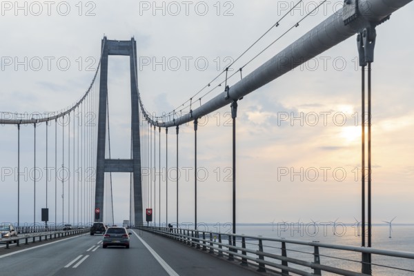 Highway across the Storebelt Bridge, on the East Bridge pylons, Denmark