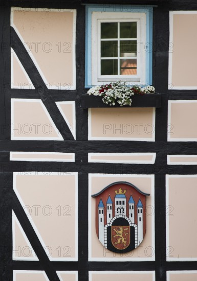 Half-timbered houses with town coat of arms, Deutsche Fachwerkstrasse, Hann. Münden or Hannoversch Münden, Lower Saxony, Germany