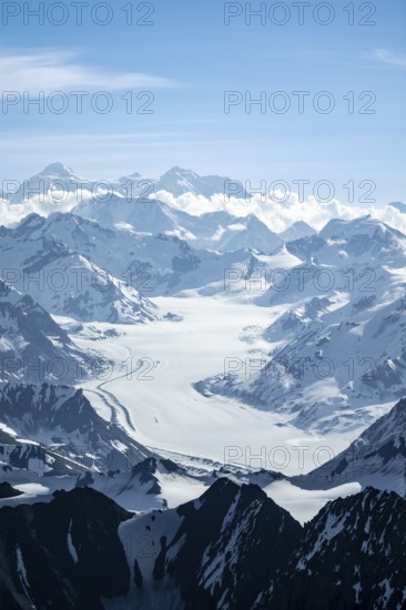 Snow and ice, epic mountains with glaciers, Mt Denali or Mount McKinley, aerial view, Alaska Range, Denali National Park, Alaska, USA