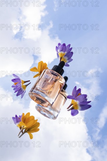 A glass skincare bottle with black dropper cap are showcased among colorful flowers, set against a bright, cloudy sky. A perfect blend of elegance and nature beauty