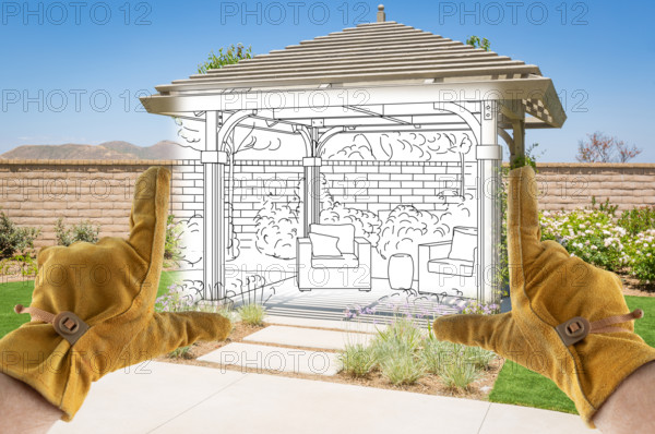 Male Contractor Hands Framing Drawing Section of Custom Pergola Patio Cover Design Drawing