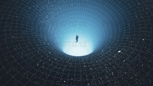 A man stands at the edge of a black hole, gazing into the depths of the universe, surrounded by stars in a mesmerizing cosmic abyss