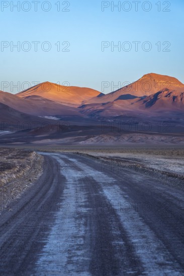 A serene evening view of a winding road meandering through the vibrant hues of orange-lit mountains in La Puna, Argentina, depicting a tranquil yet majestic landscape