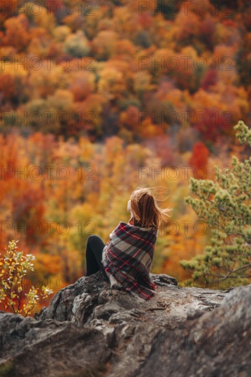 A woman sits on a rocky outcrop wrapped in a blanket, gazing at the stunning autumn foliage of Quebec, Canada. The vibrant colors create a picturesque landscape