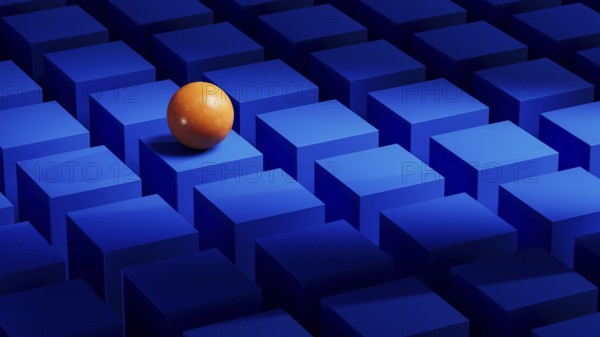 An orange sphere balances on a series of blue geometric forms. The abstract arrangement creates a visually striking composition in three dimensions