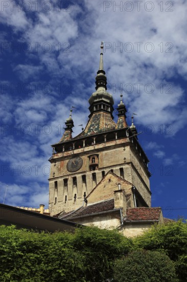 Romania, the hour tower, Turnul cu Ceas in the historic old town of Sighisoara, German Sighisoara, city in Mures district in Transylvania, UNESCO World Heritage Site