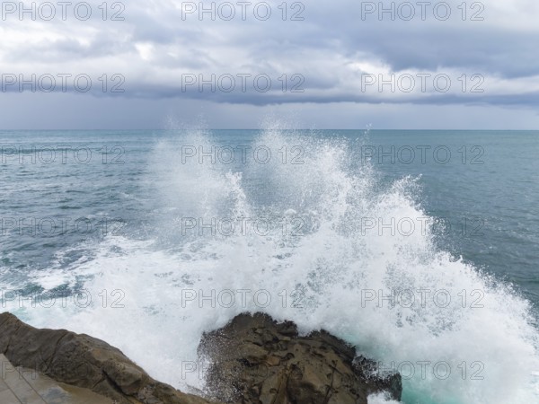 A dramatic scene as powerful waves collide with rugged rocks under a brooding sky, epitomizing the raw beauty of nature