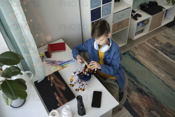 A young boy sits at a white desk, focused on assembling a robot. Surrounded by colorful tools, headphones around his neck, he's absorbed in a creative and educational activity