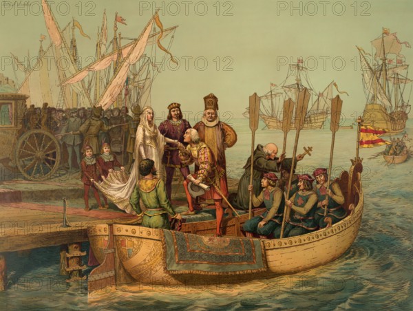 Christopher Columbus and his crew leaving the port of Palos, Spain, 1492, digitally optimized