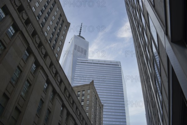An upward angle captures the iconic silhouette of the One World Trade Center amid surrounding buildings in Manhattan, against a blue sky