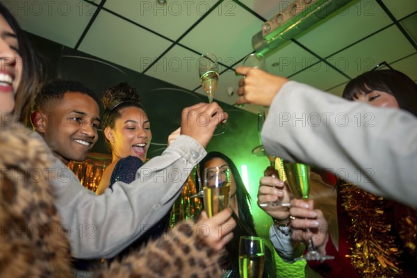 Group of happy multiracial friends enjoying a lively party in a nightclub, smiling and toasting sparkling wine glasses together under green party lights