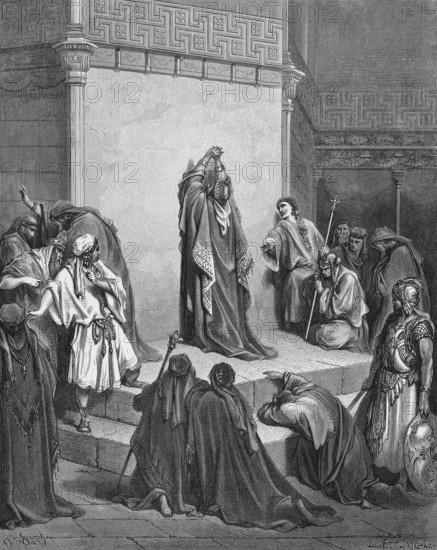 David mourns the death of Absalom, Second Book of Samuel, chapter 18, verse 32, Bible, Old Testament, story, grief, palace, group, vestments, despair, wall, historical illustration after Gustave Doré around 1880