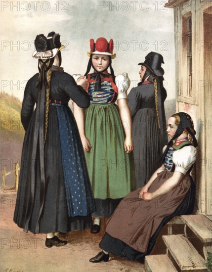 Traditional costumes in Germany around 1820, Baden, St. Georgen, Tennenbrunn, woman in traditional costumes with hats and plaits, one group standing, one sitting on a staircase, digitally retouched reproduction of a model from around 1850, by Albert Kretschmer (27 February 1825, 11 July 1891), German painter and costumier