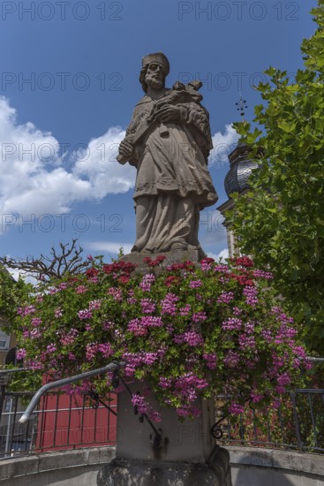 Market fountain with the figure of Saint Nepomuk, Eltmann, Lower Franconia, Bavaria, Germany