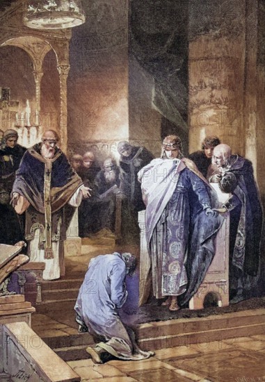 Otto I, the Great, 912, 973, forgives his brother Henry at Christmas 941 in the Frankfurt Palatine Chapel, coloured wood engraving, reproduction from a model from ca 1888, historical, baptism scene in a medieval church with priest and kneeling man