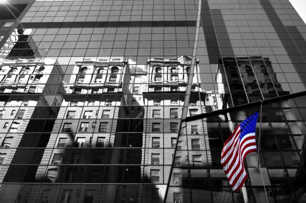 Skyscraper Façade with US Flag and Reflection, New York City, USA