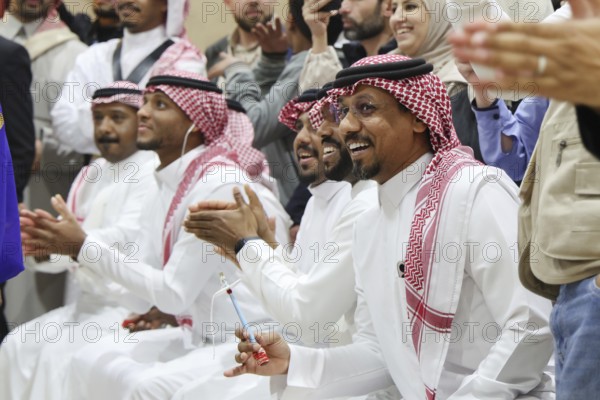In Damascus, Syria on February 9, 2026, a Saudi folklore troupe performs the traditional Liwa dance at the Saudi pavilion during the first Damascus International Book Fair held after the fall of Bashar al-Assad's regime, Damascus, Damascus, Syria