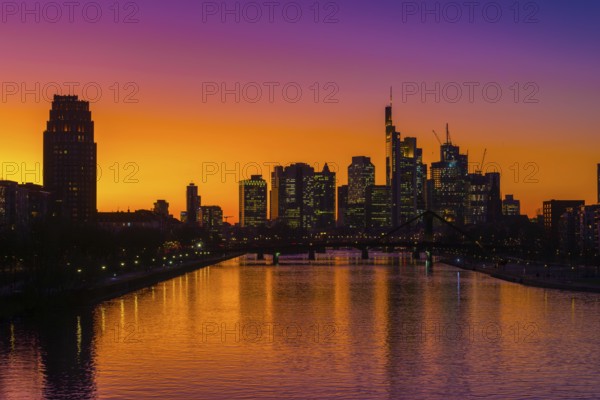 Frankfurt skyline in front of sunset, Frankfurt am Main, Hesse, Germany