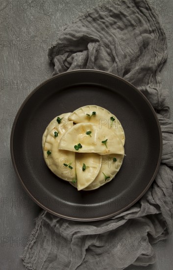 Pierogi, a traditional dish of Polish cuisine, dumplings, top view, close-up, no people