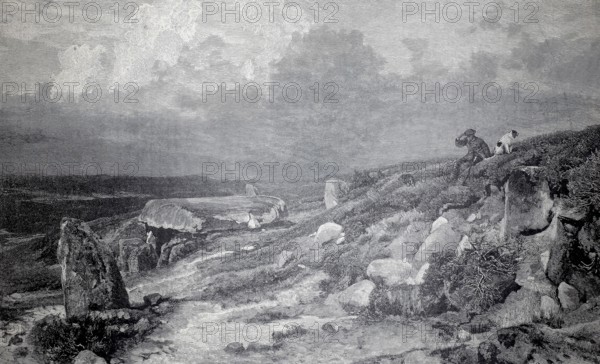 A megalithic grave in the Lüneburger Heide, 1890, Germany, illustration, reproduction from a model from the 19th century. Authentic, file restored for optimal use, exact date of original unknown, historical, hiker on a cloudy hill overlooking a vast, rocky landscape