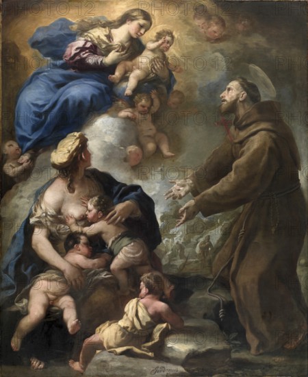 Luca Giordano (b. 18 October 1634, d. 3 January 1705), called Fa Presto, Italian Baroque painter and etcher, The Virgin and Child Appearing to Saint Francis of Assisi (1680s), The Virgin and Child Appearing to Saint Francis of Assisi (1680s), Painting, Reproduction of the painting in its original state, Work of art, Historical, Virgin and Child with Angels in a Heavenly Scene