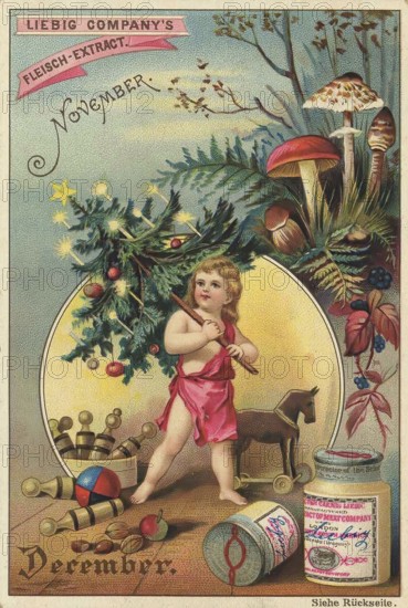 Picture series The months, November and December, Liebig picture, digitally restored reproduction of a collector's picture from around 1900, public domain, exact date unknown, A child stands with a conifer branch, surrounded by mushrooms and toys in winter festivity