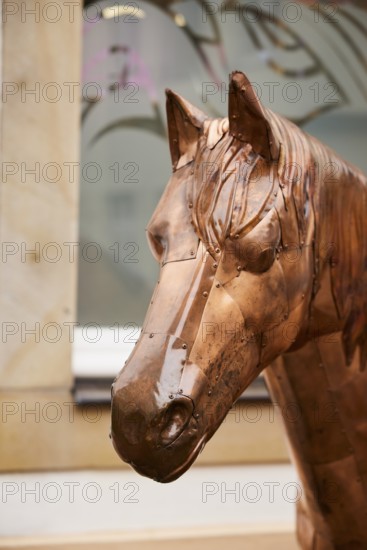 Head of a bronze horse sculpture in the city of horses Warendorf, district of Warendorf, North Rhine-Westphalia, Germany
