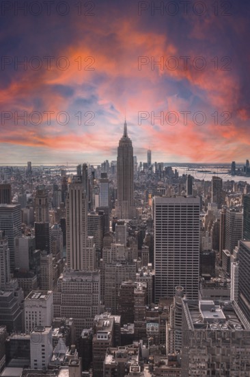 New York, United States, January 5, 2020: Sunset in Top of the Rock in New York, beautiful view of the Empire State and its surroundings