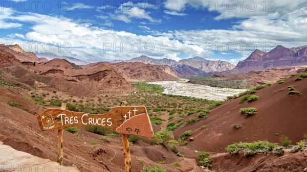 Red mountain landscape with vegetation and a sign in the foreground under a blue sky, The landscape and colorful rock formations of the Quebrada de Cafayate near Salta in Argentina