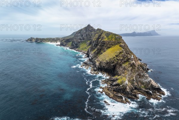 Aerial view, cliffs and sea at Cape of Good Hope, Cape Point Lighthouse, Cape Peninsula, Cape Point Nature Reserve, Cape Town, South Africa