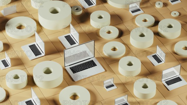 A collection of laptops placed among abstract geometric forms, showcasing a modern tech environment filled with creative design elements