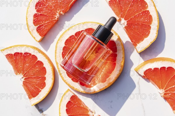 A glass dropper bottle with a black cap, placed on fresh grapefruit slices. The bright citrus and clear serum suggest freshness and skincare benefits