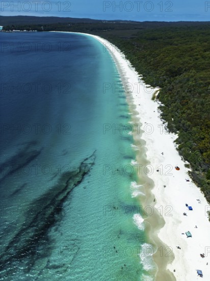 Aerial view of a pristine beach with vibrant turquoise waters and white sand in Jervis Bay, Australia. Dense greenery lines the shore. Perfect getaway for sunbathing, swimming, and nature