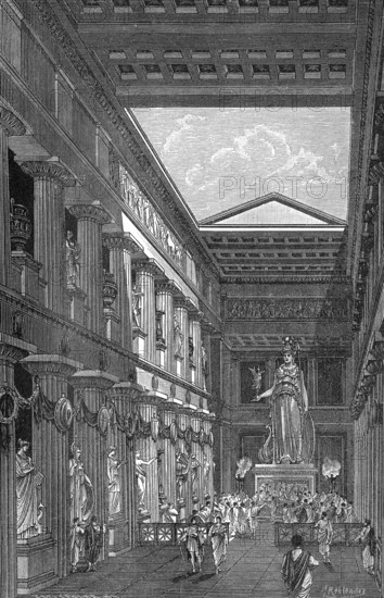 Reconstruction of the Parthenon-Temple, Interior view, dedicated to the Greek goddess Pallas Athena Parthenos on the Acropolis in Athens, Greece, 5th Century BC, Rekonstruktion, Der Parthenon Tempel für die Stadtgöttin Pallas Athena Parthenos auf der Athener Akropolis, Athen, Griechenland, 5. Jahrhundert