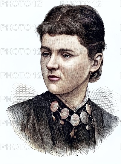 Princess Helene, Duchess of Albany, Portrait, coloured wood engraving, Reproduction from a model from ca 1888, Historical, Portrait of an elegant young woman with a striking necklace